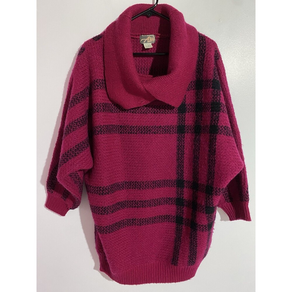 Vtg Aria Sweater L Fuchsia Pink Mohair Plaid Long Boho Oversized Cozy‎ Stretch